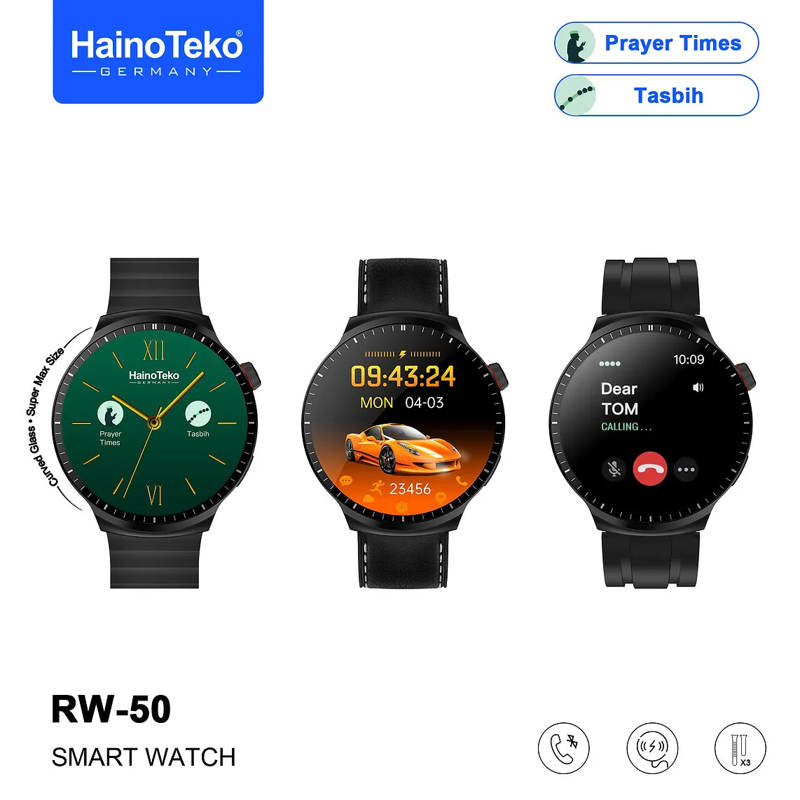 Smartwatch HainoTeko  RW-50 - 3 Bracelets - Écran AMOLED - Marron