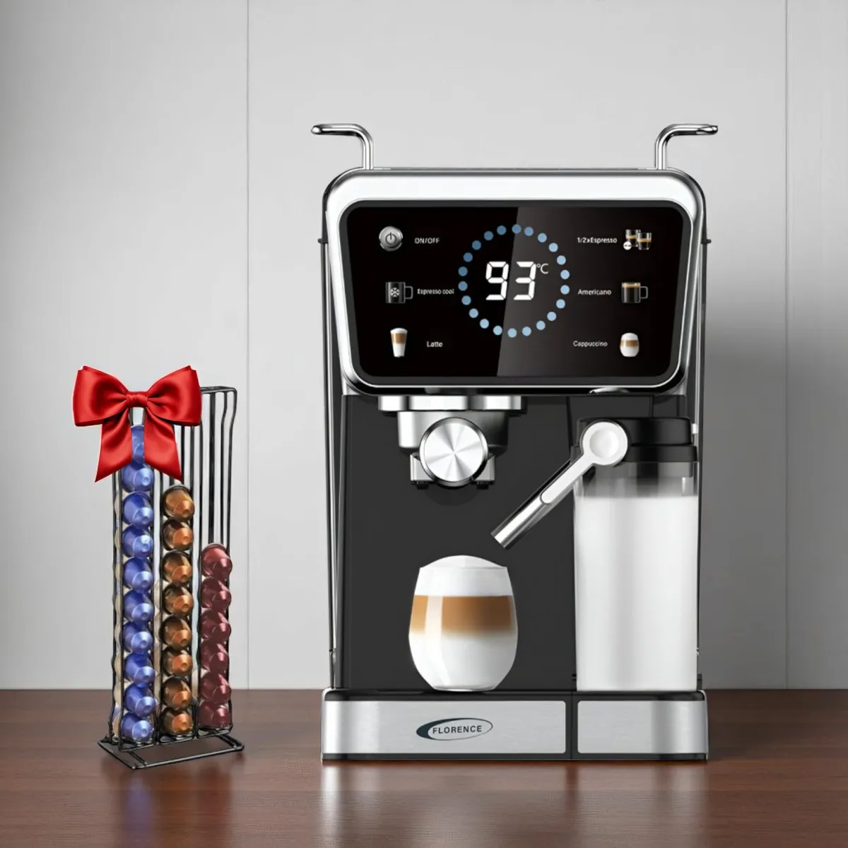 Machine à café Florence HK429 - Expresso et Nespresso - 1350 Watts - 1.5 Litres - Support capsules cadeau